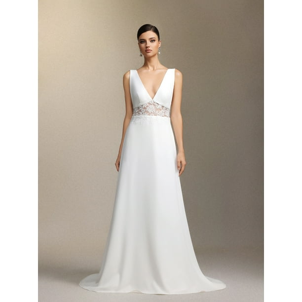 Vestido de novia Dazie maxi de malla de encaje sin mangas con cuello en V profundo
