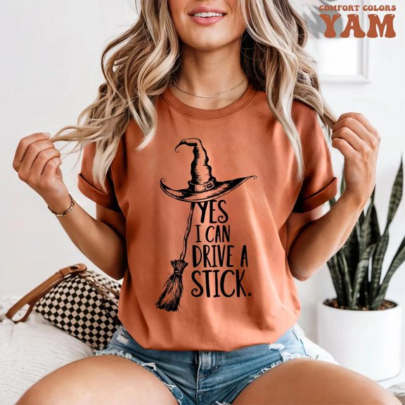 Yes I Can Drive A Stick T Shirt, Funny Halloween Witch Tee for Women, Spooky Party Shirt, Cute Halloween Gift Top, Witchy Outfit
