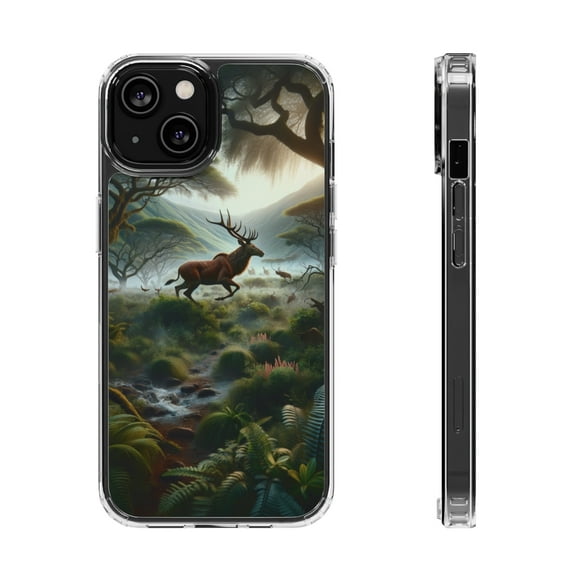 DistinctInk Hybrid (Acrylic / TPU) Clear Slim Fit Case for Apple iPhone 14 (6.1" Screen) - "Majestic Mythical Deer: Enchanting Forest of Whimsical Wildlife"