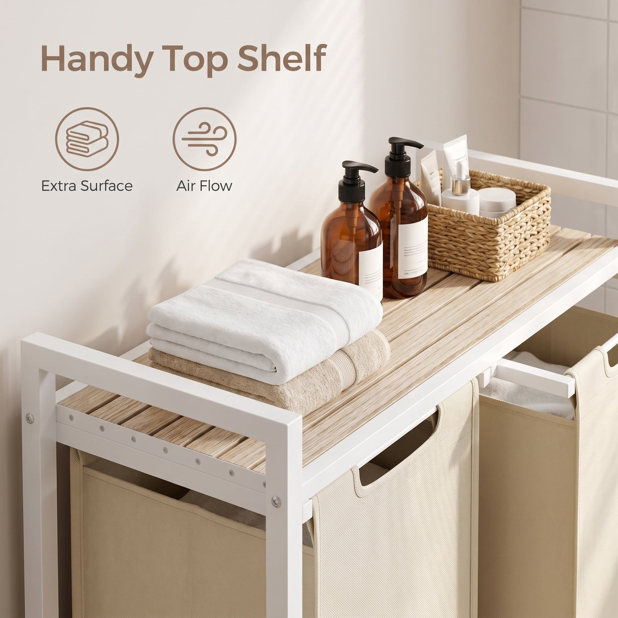 Ledrem Laundry Hamper with 2 Removable Bags, Sorting Basket, Shelf, Cappuccino Beige & Natural Beige