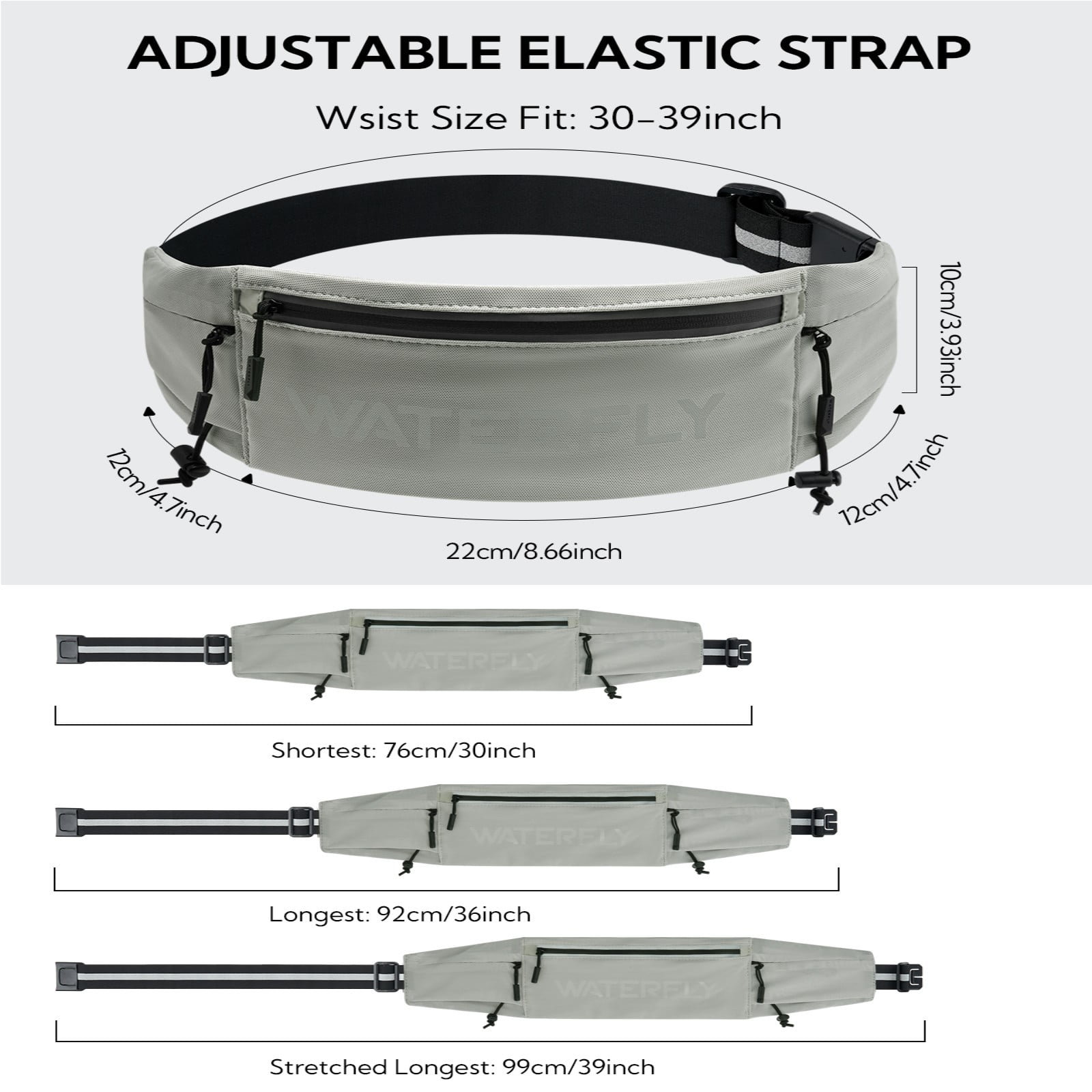 WATERFLY Unisex Adjustable Sports Jogging Fitness Nylon Running Waist Belt Elastic Band,Gray