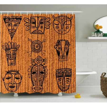 - African Shower Curtain Set, Ritual and Ceremonial Native Tribal Cultural Masks Spiritual Religious Art Print, Bathroom Decor, Brown Black, by Ambesonne