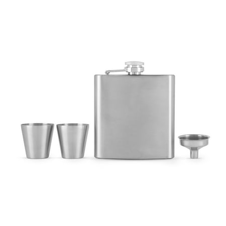 

True Silver Flask and Shot Glass Set - Stainless Steel Flask with Screw Top for Alcohol - 2 Shot Glasses and 8oz Liquor Flask for Men or Flask for Women - Set of 3