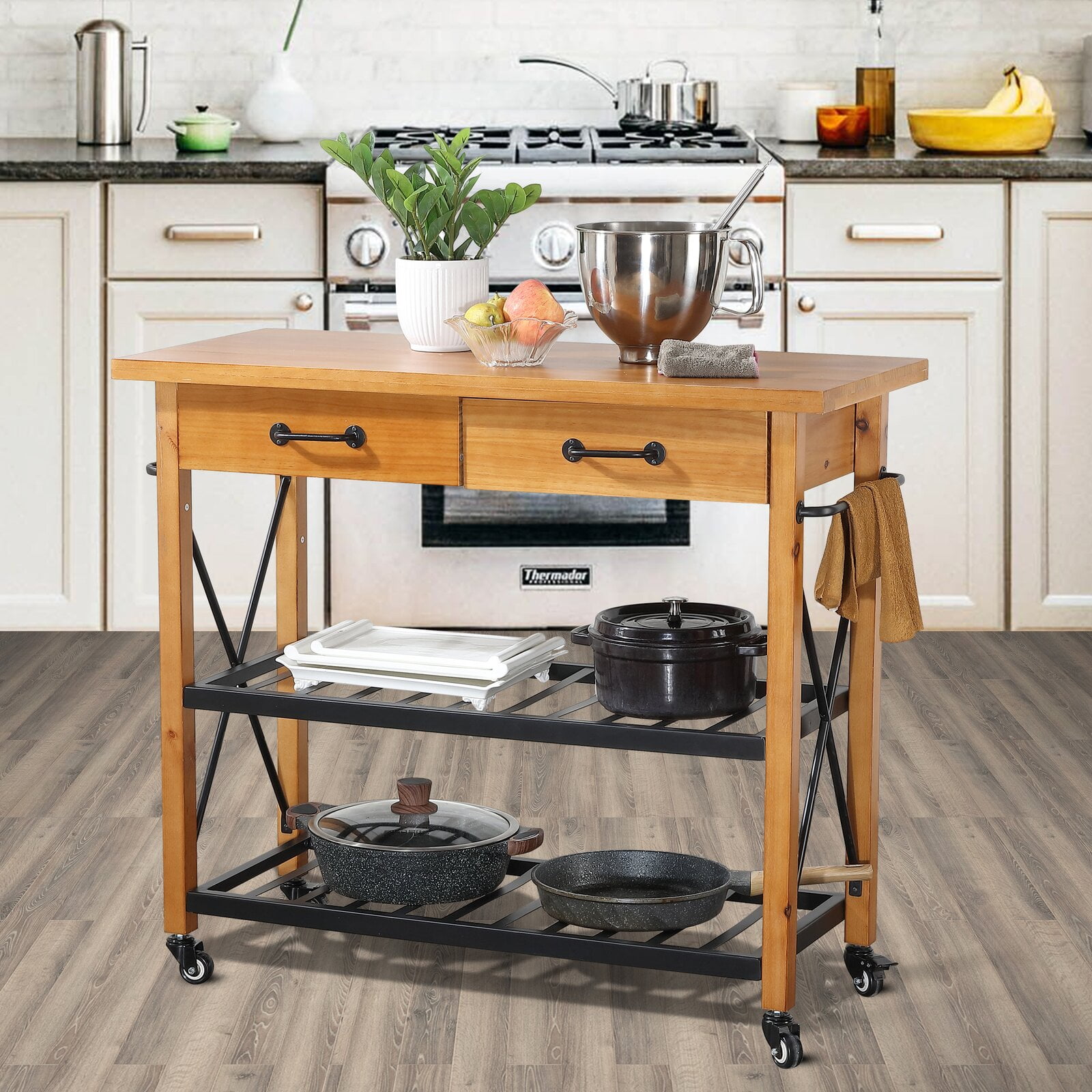 Andreena 47.7'' Solid Wood Kitchen Island and Locking Wheels, Overall