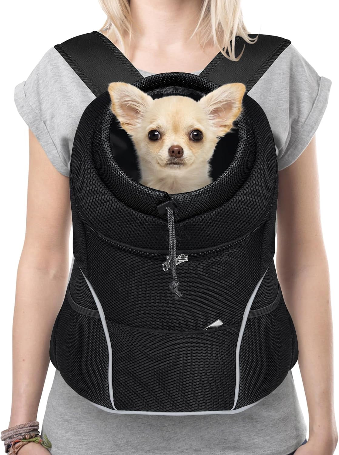 9-14lbs Dog Front Carrier Backpack, Adjustable Breathable Pet Carrier for Small Dogs, Ventilated Puppy Back Pack with Safety Belt, Lightweight Doggy Backpack for Hiking Outdoor(Jet Black, L)