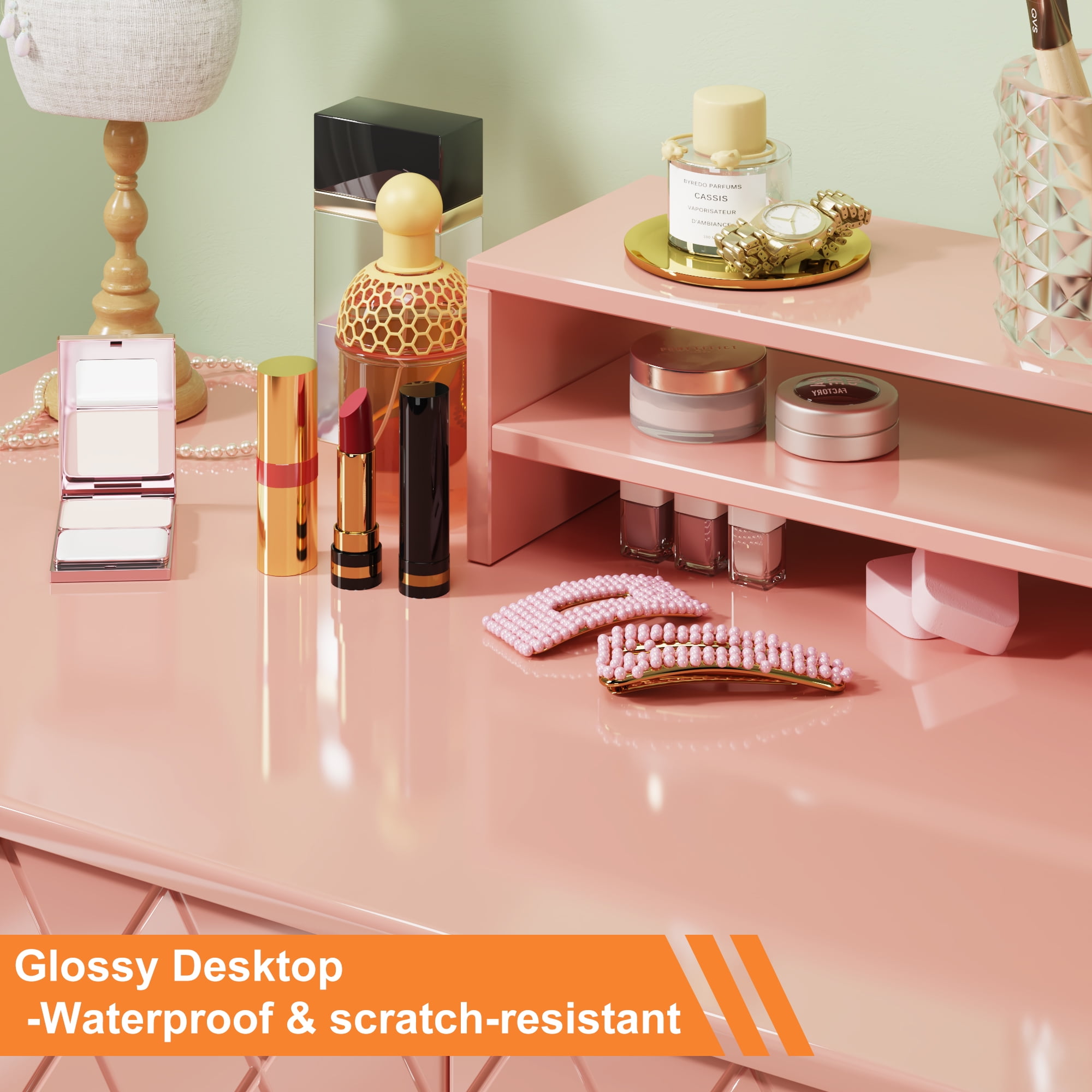 GYIIYUO Pink Modern Writing Desk with 2 Drawers, Office Desk with Glossy Curved Desktop, Computer Desk with Movable Stand for Bedroom Home Office, Pink and Gold
