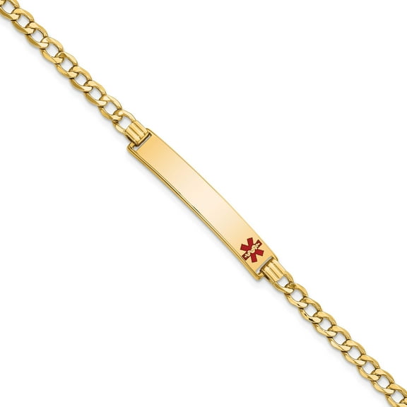 14K Yellow Gold Semi-Solid Medical Red Enamel Curb Link Id Bracelet (7 X 6.5) Made In United States xm564fr-7