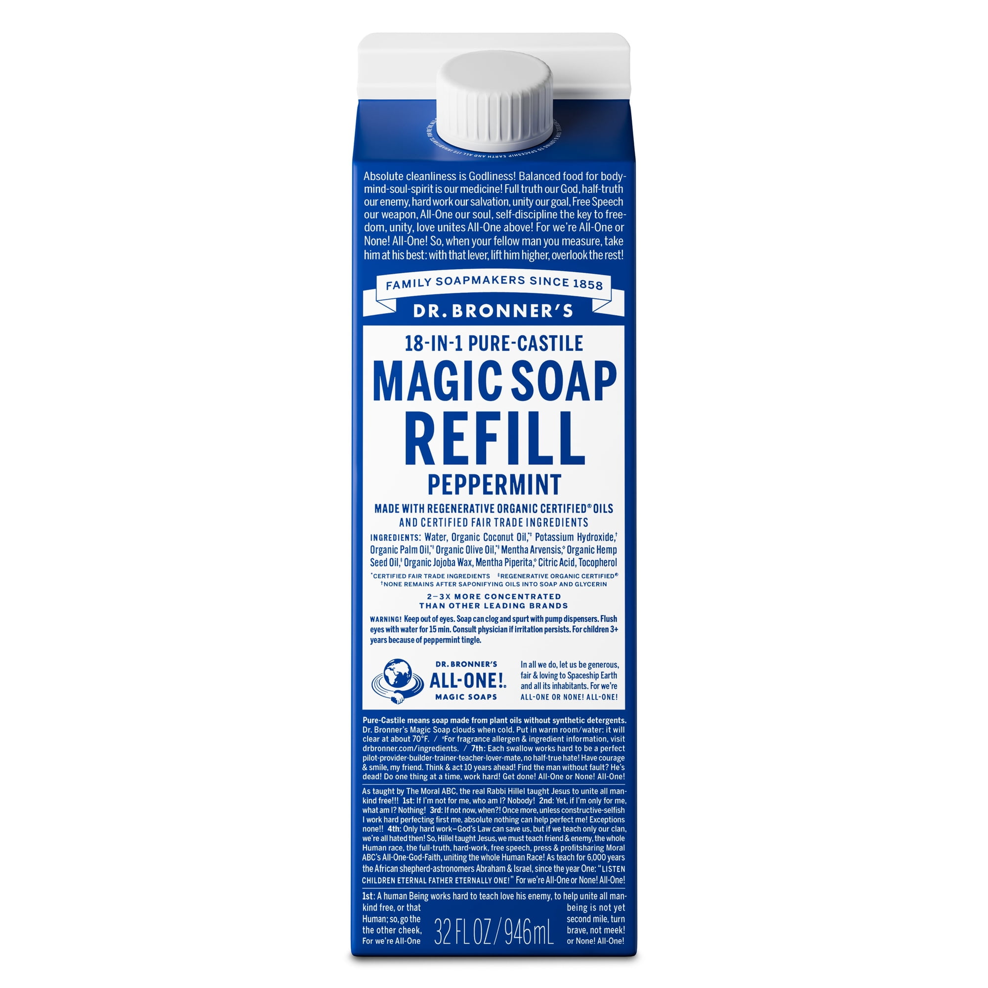 Dr.Bronner's Magic Soap Refill, Peppermint, Pure-Castile Body Wash Liquid Soap, 32 fl oz