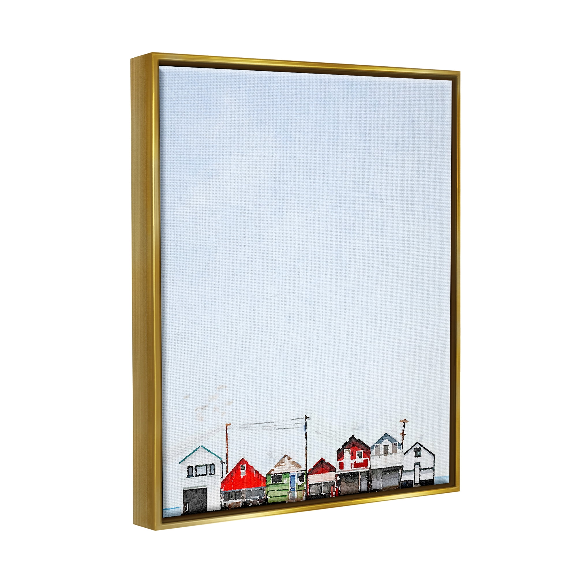 Stupell Coastal Beach Shacks Sky View Landscape Painting Gold Floater Framed Art Print Wall Art