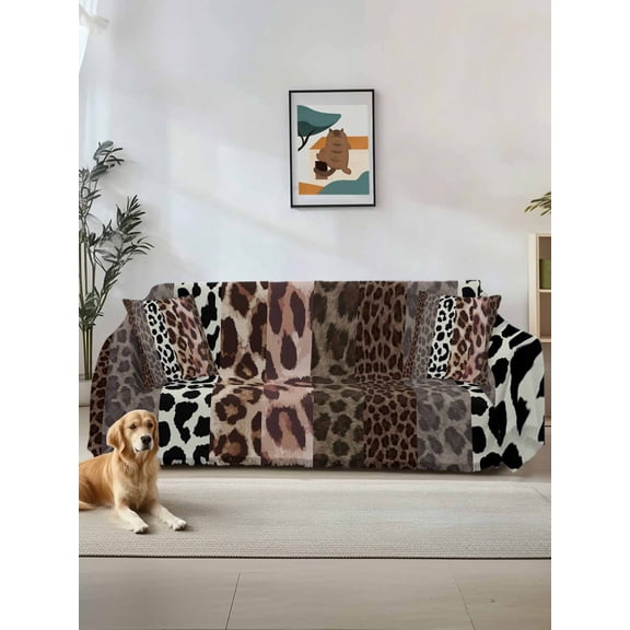 Animals Printed Striped Couch Cover, Rustic Country Leopard Textured Sofa Cover Blanket for 2 Seat Cushion, Sectional Sofa Slipcover Furniture Protector for Living Room Bedroom 71''x102''