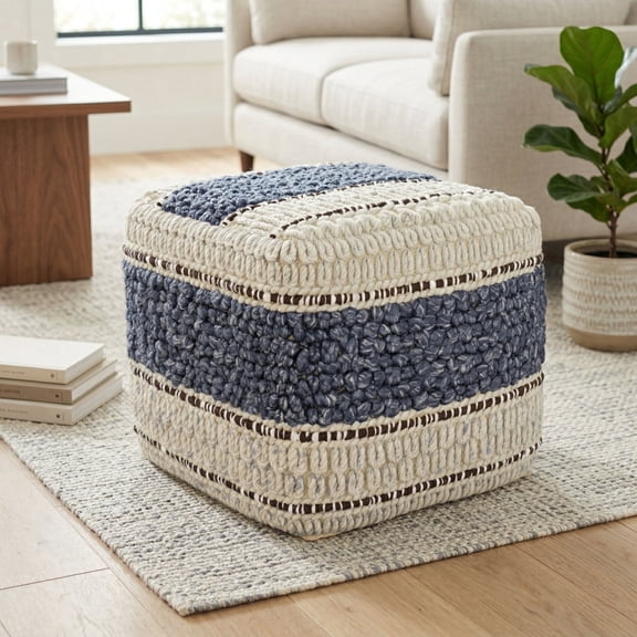 Simpli Home Grady 18W Square Stripe Woven Pouf