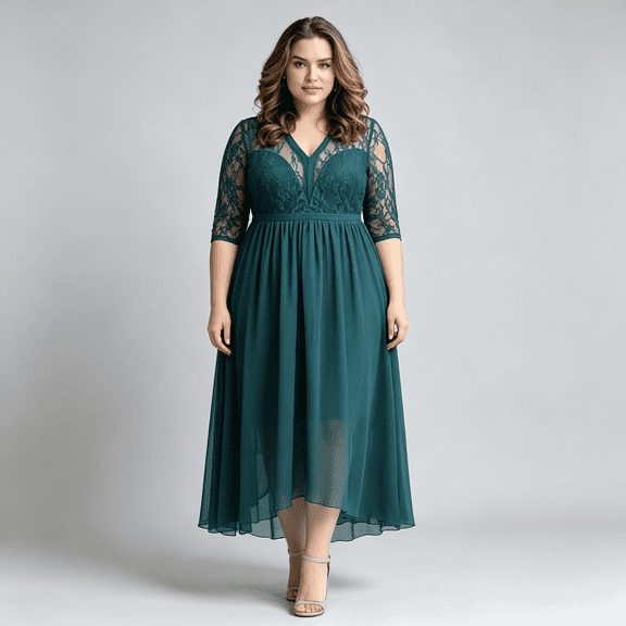 Women's Teal Floral Lace Chiffon Midi Dress Deep V Neck Half Sleeve High Waist Flowy A-Line Wedding Dress