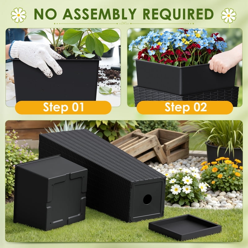 Homall 2-Pack 32" Tall Outdoor Plastic Planters with Inside Pots, Drainages and Trays, Rattan - Patterned for Patio Decor