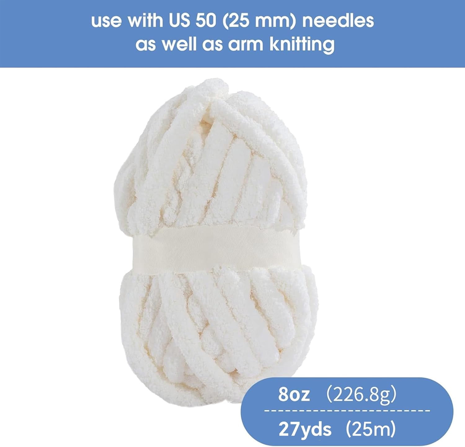 Hombys Cream White Chunky Chenille Yarn for Crocheting and Knitting, Super Bulky Yarn for Blankets, Soft Plush, 8 Jumbo Packs (27 yds, 8 oz Each)