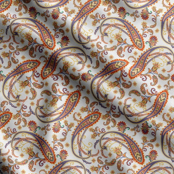 Soimoi Asian Paisley Print,Cotton Cambric, Quilting Fabric Sold by The Yard 42 Inch Wide, Medium Weight Cotton Fabric, SewingSupplies,White & Orange