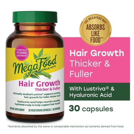 MegaFood Hair Growth – Clinically Studied Lustriva & Hyaluronic Acid - Biotin 10000mcg, - Thicker & Fuller Existing Hair Growth Vitamins - 30 Vegetarian Capsules, 30 Servings