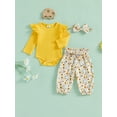 thumbnail image 4 of 3-Piece Baby Toddler Girls Clothing Set 0 3 6 12 18 24 Months Long Sleeve Round Neck Ruffled Ribbed Romper Floral Trousers Hair Band Outfits, 4 of 9