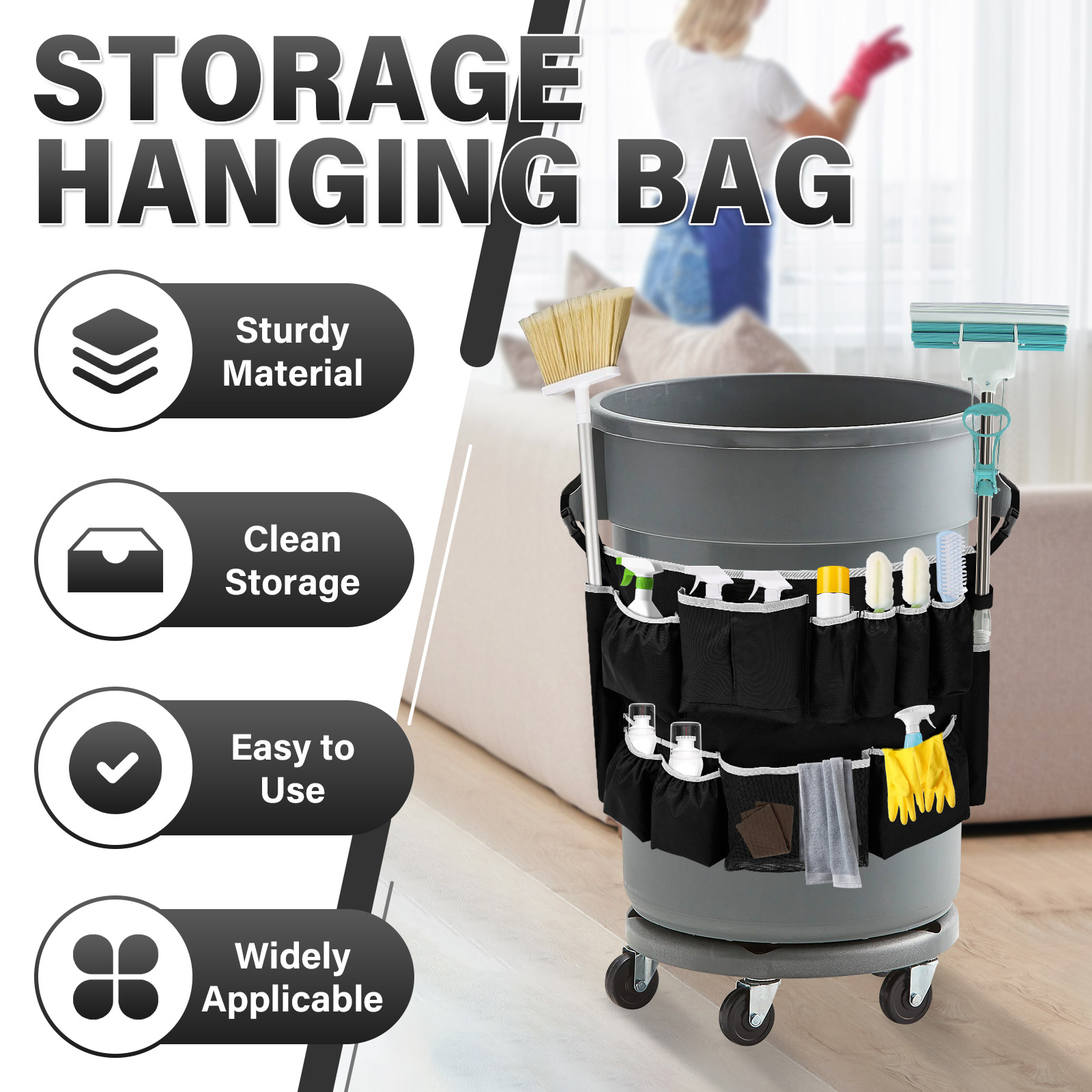Trash Can Caddy Bag Fit 32 to 55 Gallon Garbage Bin Polyester Garbage Can Caddy with 13 Pockets for Housekeeper Professional Cleaner