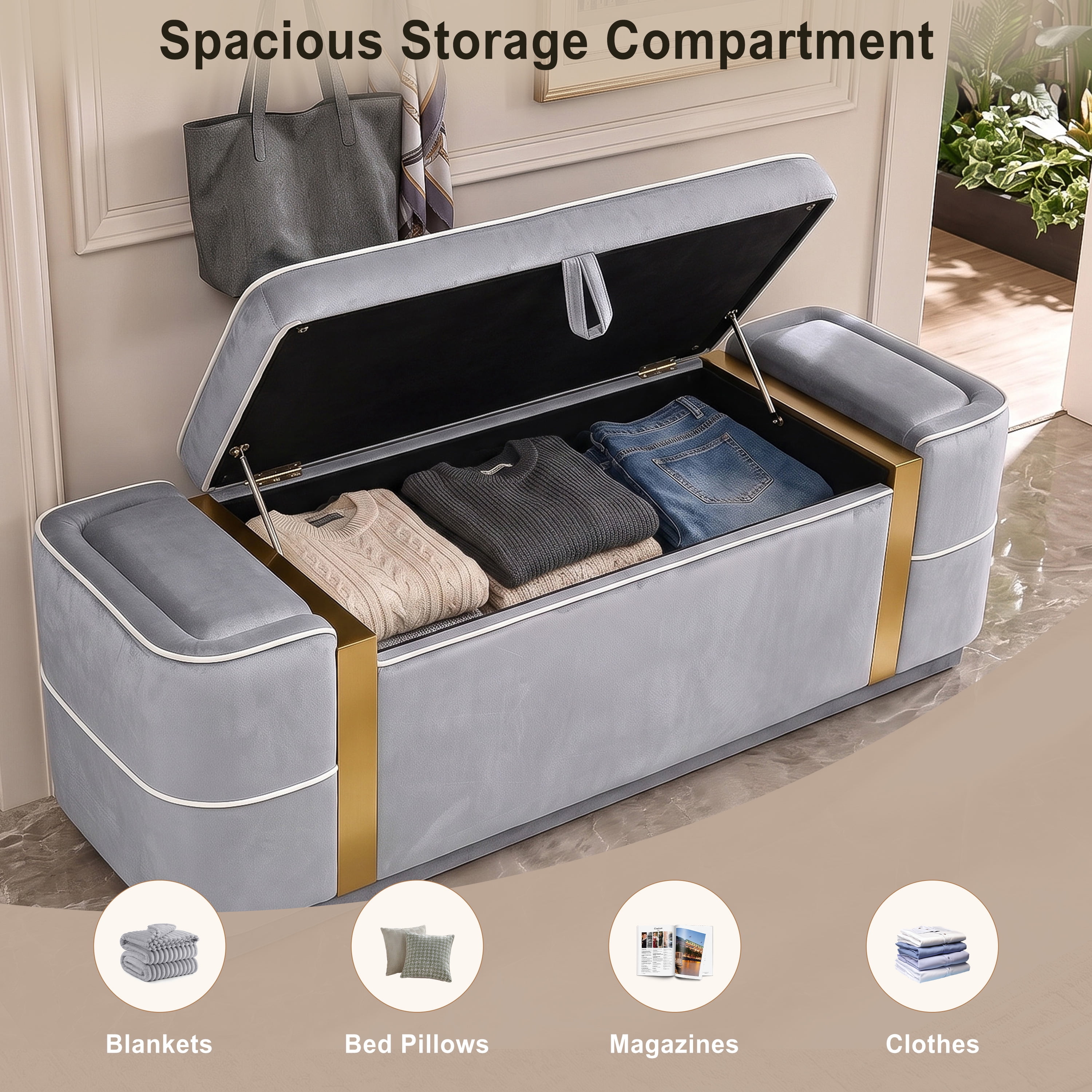 Euroco 47.2" Storage Ottoman Bench,Upholstered End of Bed Bench with Seating, Entryway Bench for Living Room Bedroom,Grey