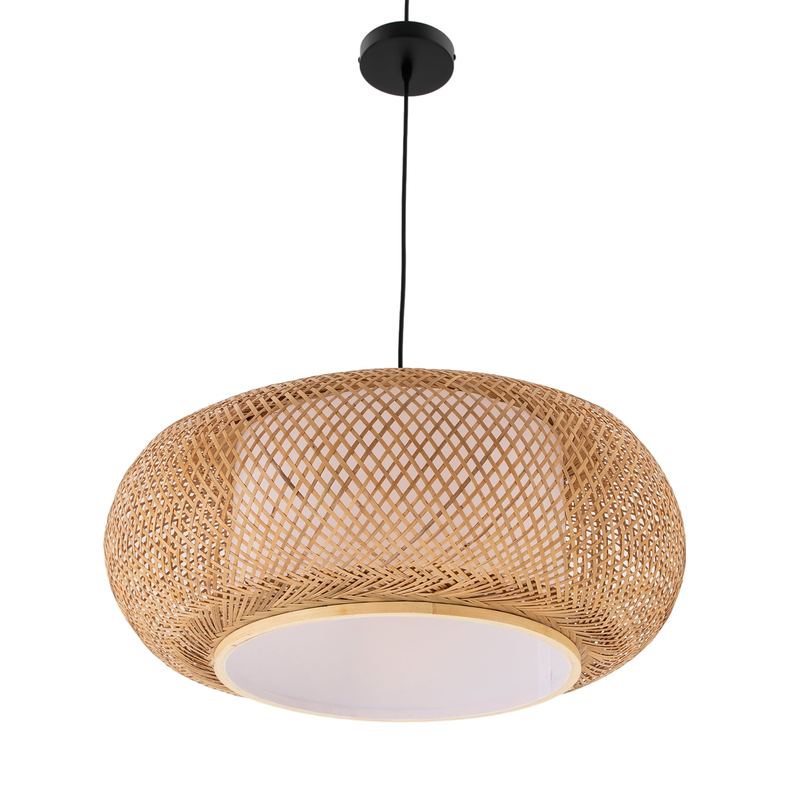 Natural Rattan Pendant Light, 23.5 inch φ Height Adjustable Hand-Woven Wickerwork Chandelier 1-Light Hanging Ceiling Light Fixture Beige