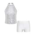 thumbnail image 3 of YEAHDOR Kids Girls Gymnastic Dance Outfit Halter Allover Sequins Tops with Gymnastics Workout Shorts White 12, 3 of 7