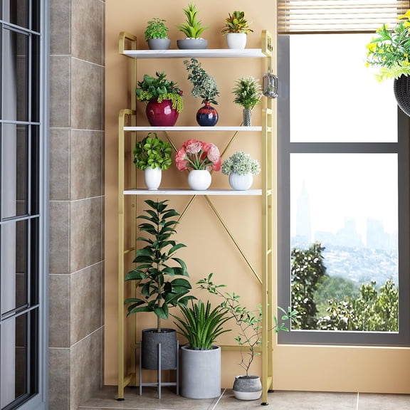 Over The Toilet Storage Rack with 3-Tier Shelves, Space Saver Toilet Shelf, Laundry Organizer with Hooks for Over Toilet Storage and Space Saver (White & Gold)