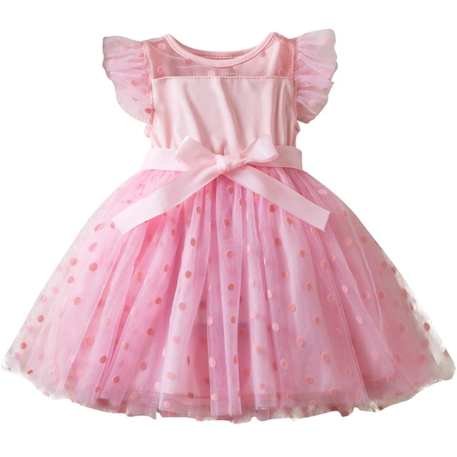 Huvoen Kids Dress Girls' Summer New Short Sleeve Ruffled Lace Embroidery Mesh Princess Bow Skirt Pinks 3-4 Years