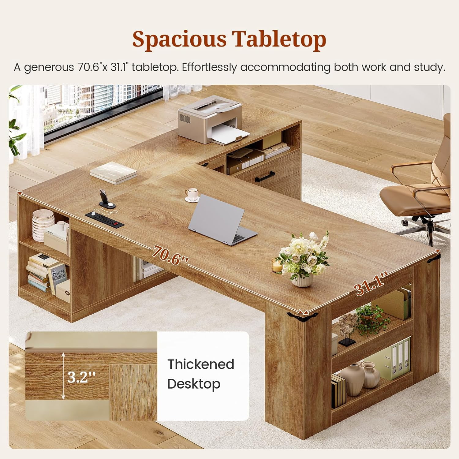 71" Executive Desk, L Shaped Computer Desk with Power Outlets, Modern Corner Desk with Storage Shelves & Lateral File Cabinet, Business Furniture Workstation, Oak