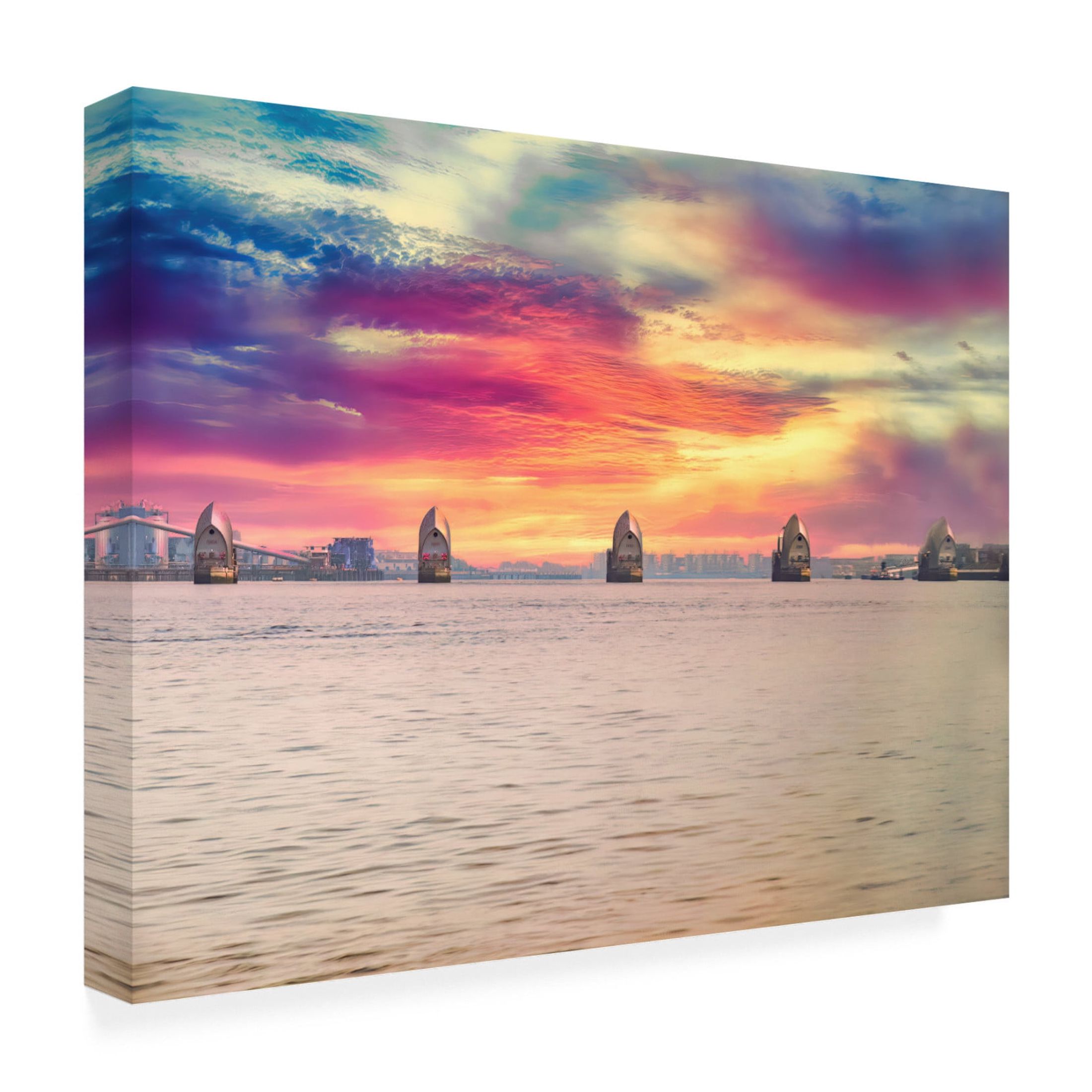 Canvas Wall Art - Mark A Paulda 'Thames Barrier At Sunrise' Wall Art for Living Room, Bedroom, or Office Décor by Trademark Fine Art - 19 x 14 Inches