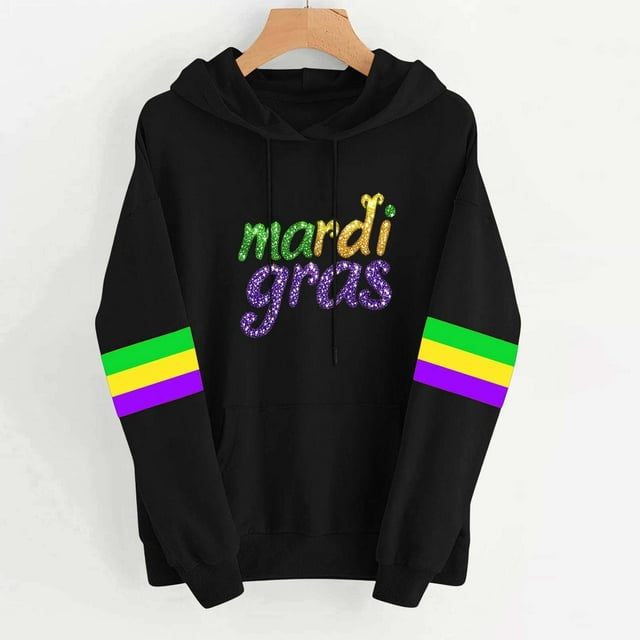 Uootdi Mardi Gras Womens Drawstring Hoodies for Women Carnival Crewneck Heart Print Hooded Long Sleeve Pullover Festive Color Block Loose Sweatshirts Gift