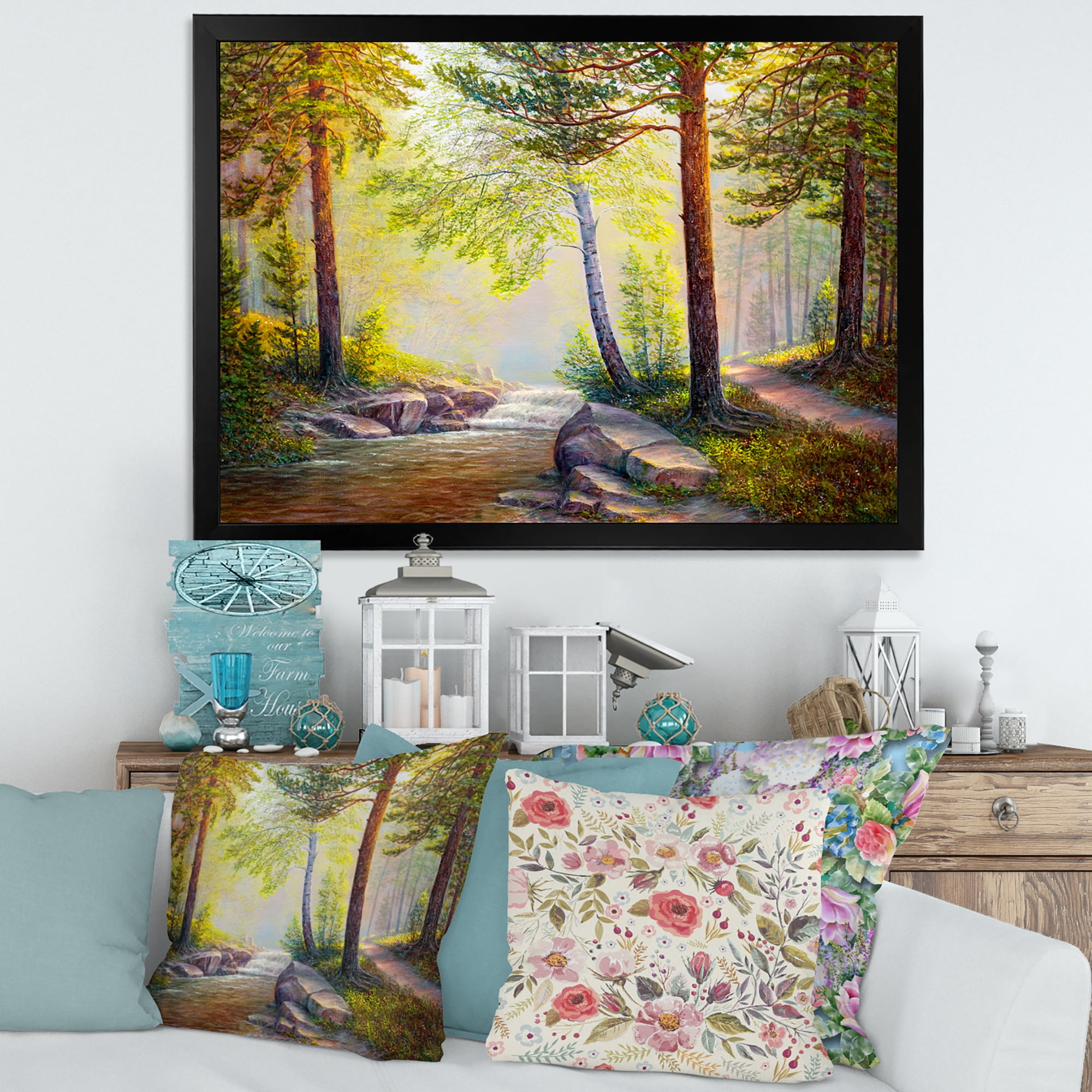 Designart 'Afternoon Light Through The Forest Trees' Traditional Framed Art Print