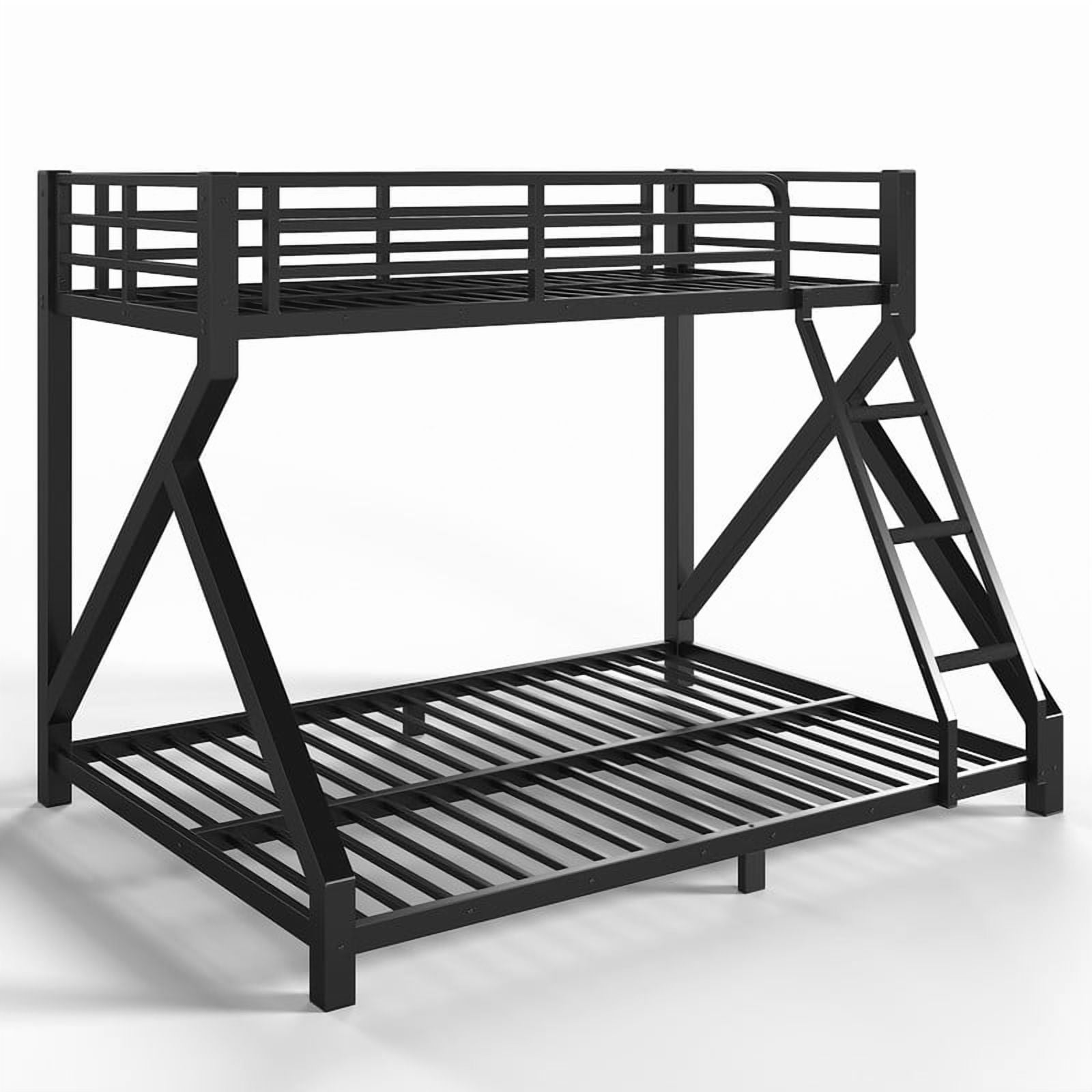 59''H Low Profile Twin-Over-Full Teens Bunk Bed with Built-In Ladder, Kids Black Metal Bed Frame with Guardrail