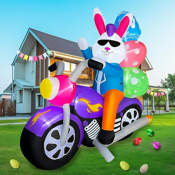 6 FT Easter Inflatable Bunny on Motorcycle with Eggs Decorations LED Light Blow Up Rabbit for Yard Lawn Garden Home Outdoor Indoor Holiday Decor