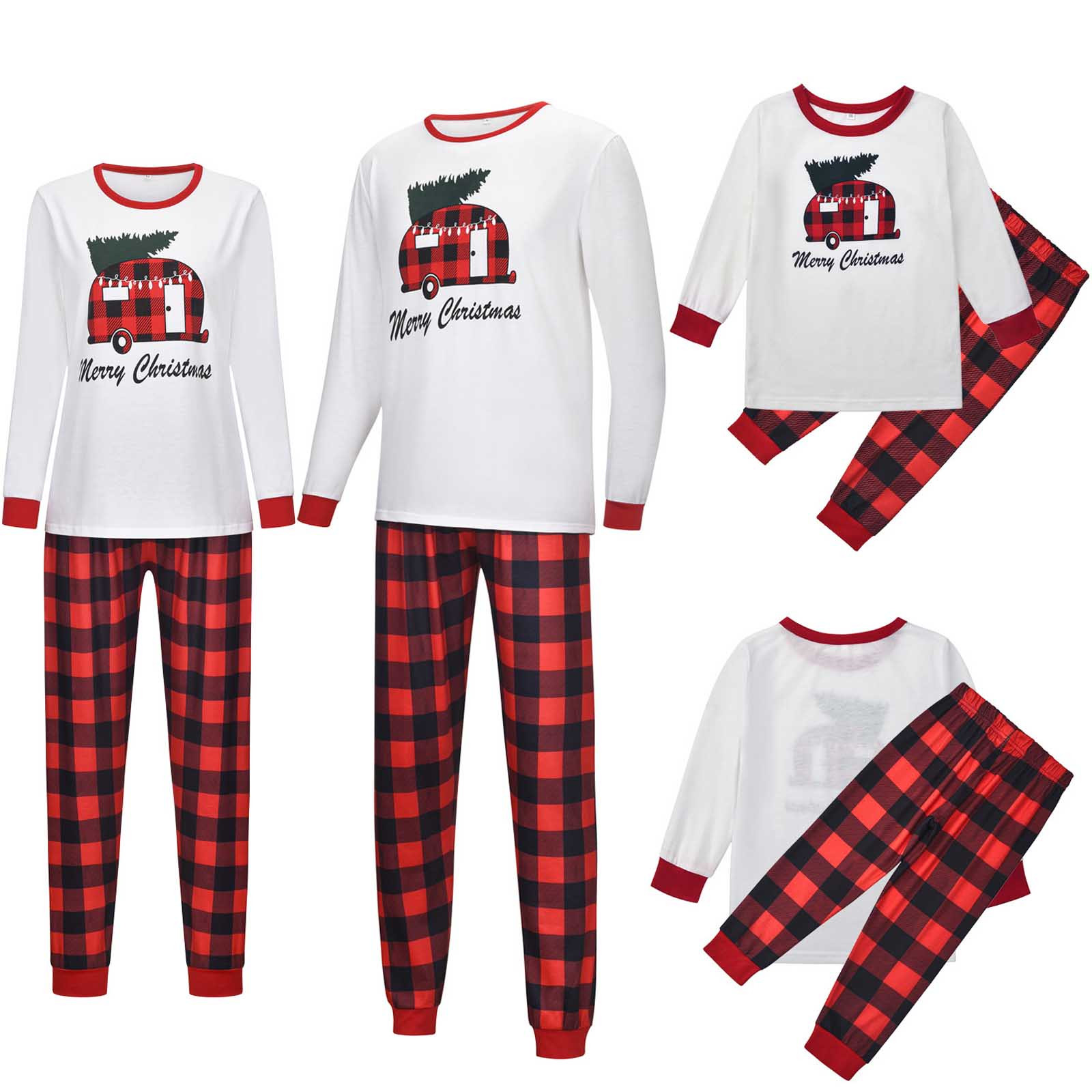 Matching Family Christmas Pajamas Sets Xmas PJs with Deer Long Sleeve Tee Top and Classic Plaid Pants Loungewear Sleepwear