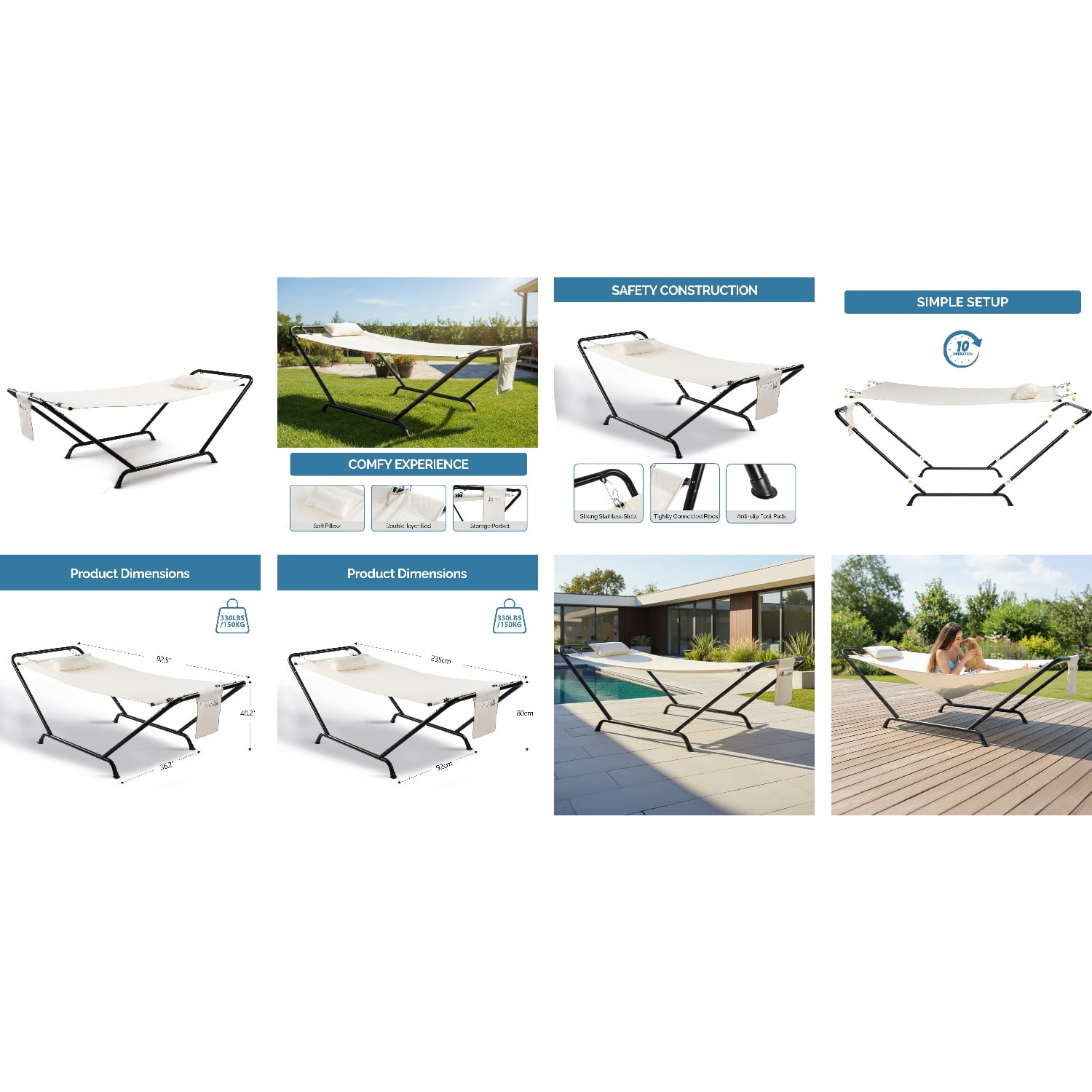 Freestanding Hammock with Stand, 550LBS Heavy Duty Outdoor Hammock Bed with Soft Pillow & Storage Bag, Beige