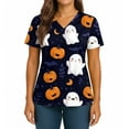 thumbnail image 2 of WTOBBY Women's Casual V-Neck Short Sleeve Halloween Printed Top with Double Front Pockets and Side Hem Slit, Perfect as a Caregiver Work Uniform or Everyday Fashion Shirt,Black L, 2 of 5