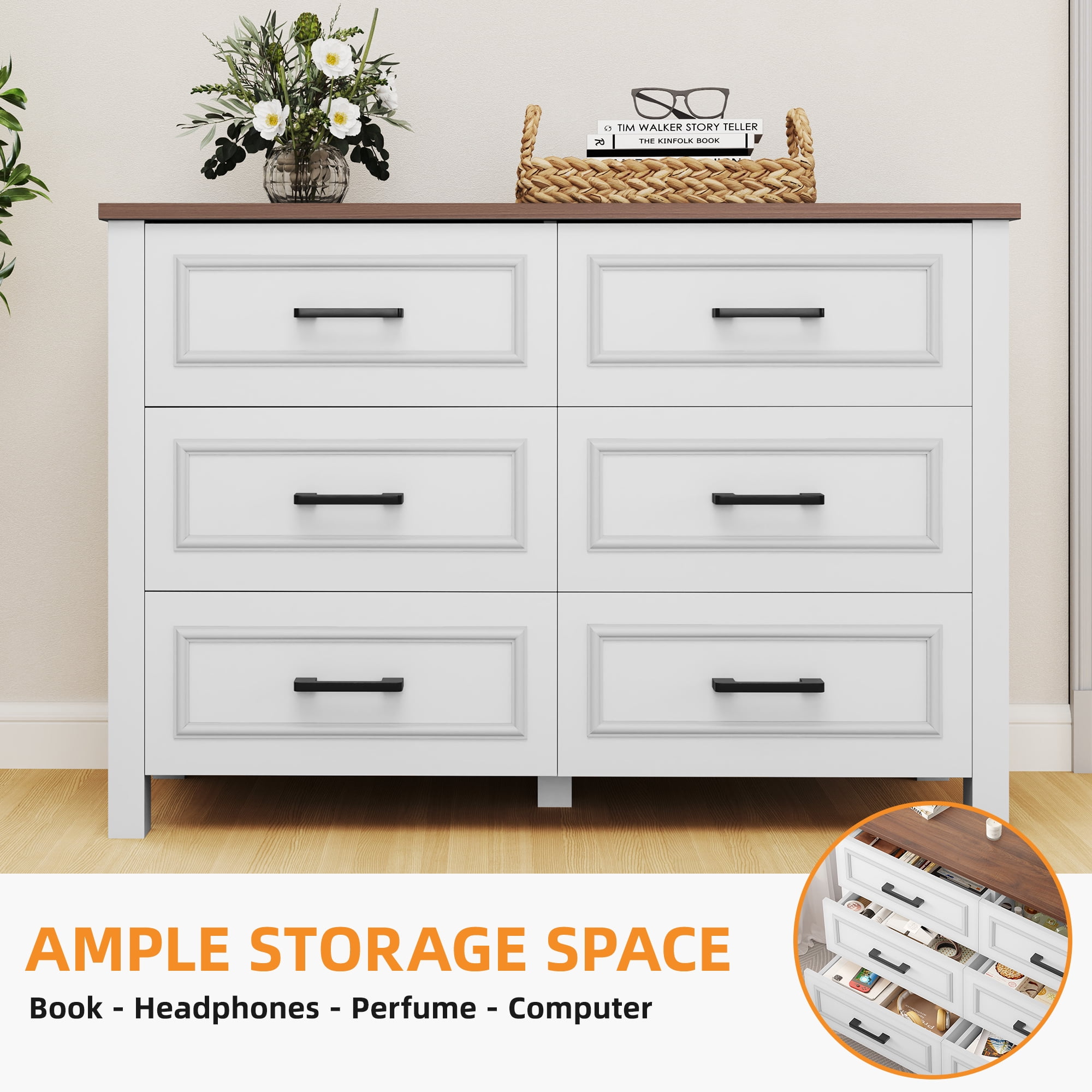 Uforic 6-Drawer Wooden Dresser TV Stand with Power Outlet, Drawers and Handles, for Living Room, Bedroom, White & Walnut
