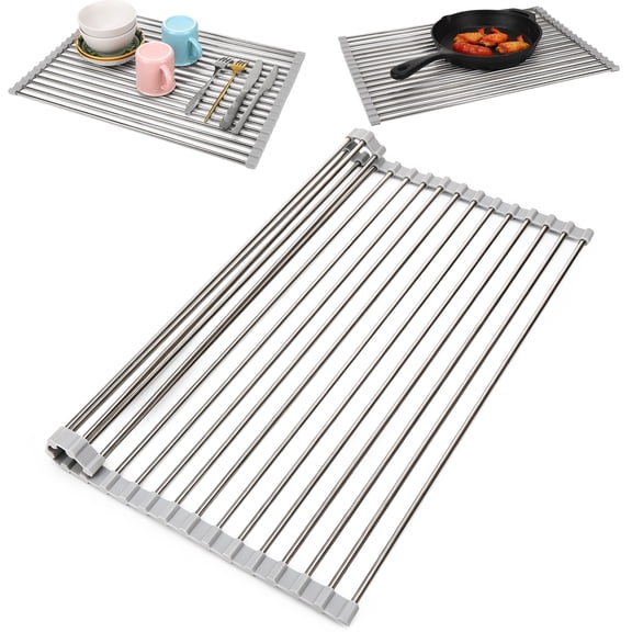 Topekada Roll-up Dish Drying Rack with Silicone Ends - Expandable Kitchen Sink Caddy, Space Saving Countertop Organizer, Stainless Steel Drainage Mat for Dishes, Fruits & Hot Cookware (Gray)