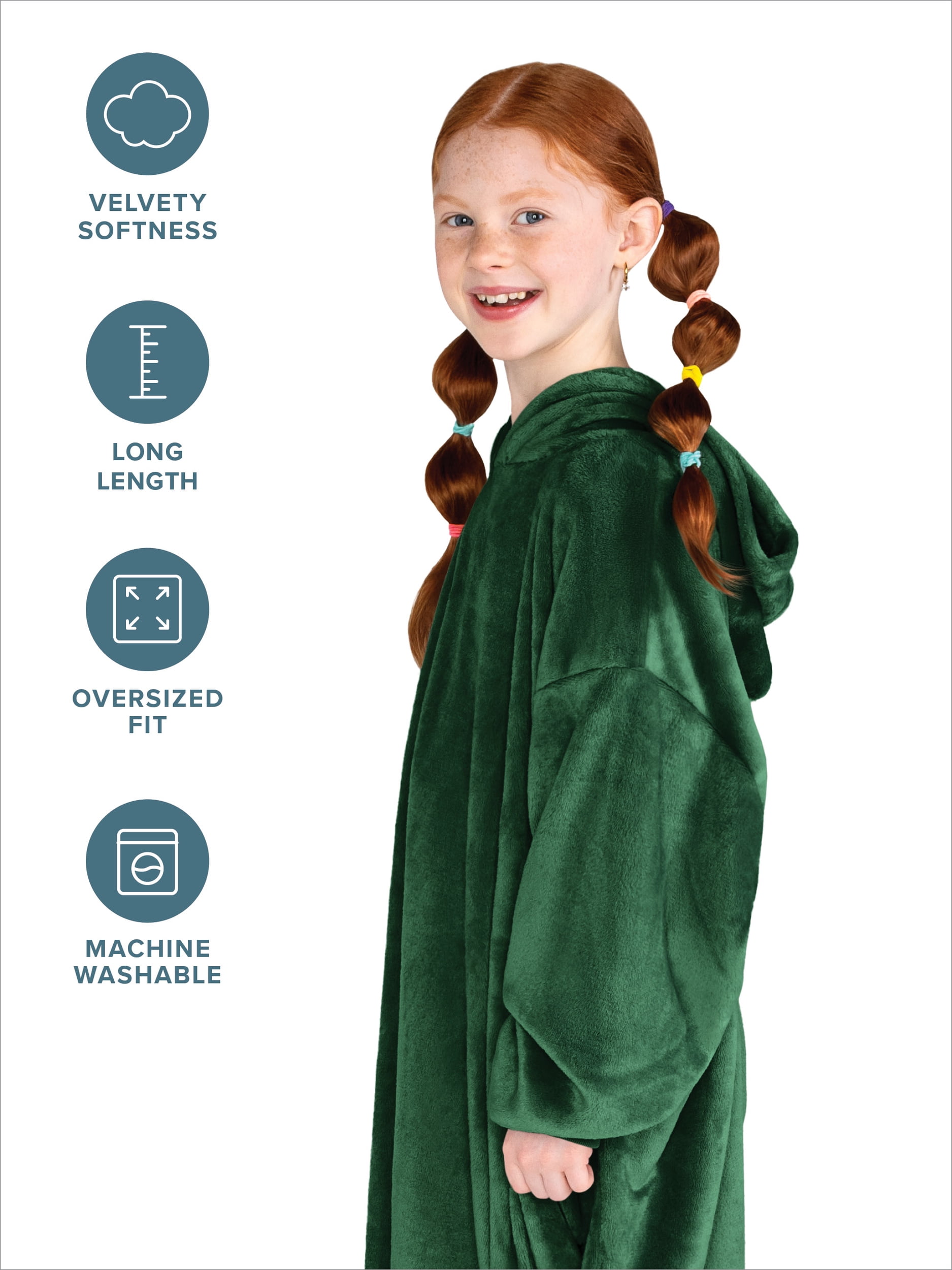Bare Homey Kids Size Microplush Wearable Blanket - Long Length - Side Pockets - Velvety Soft, Forest Green