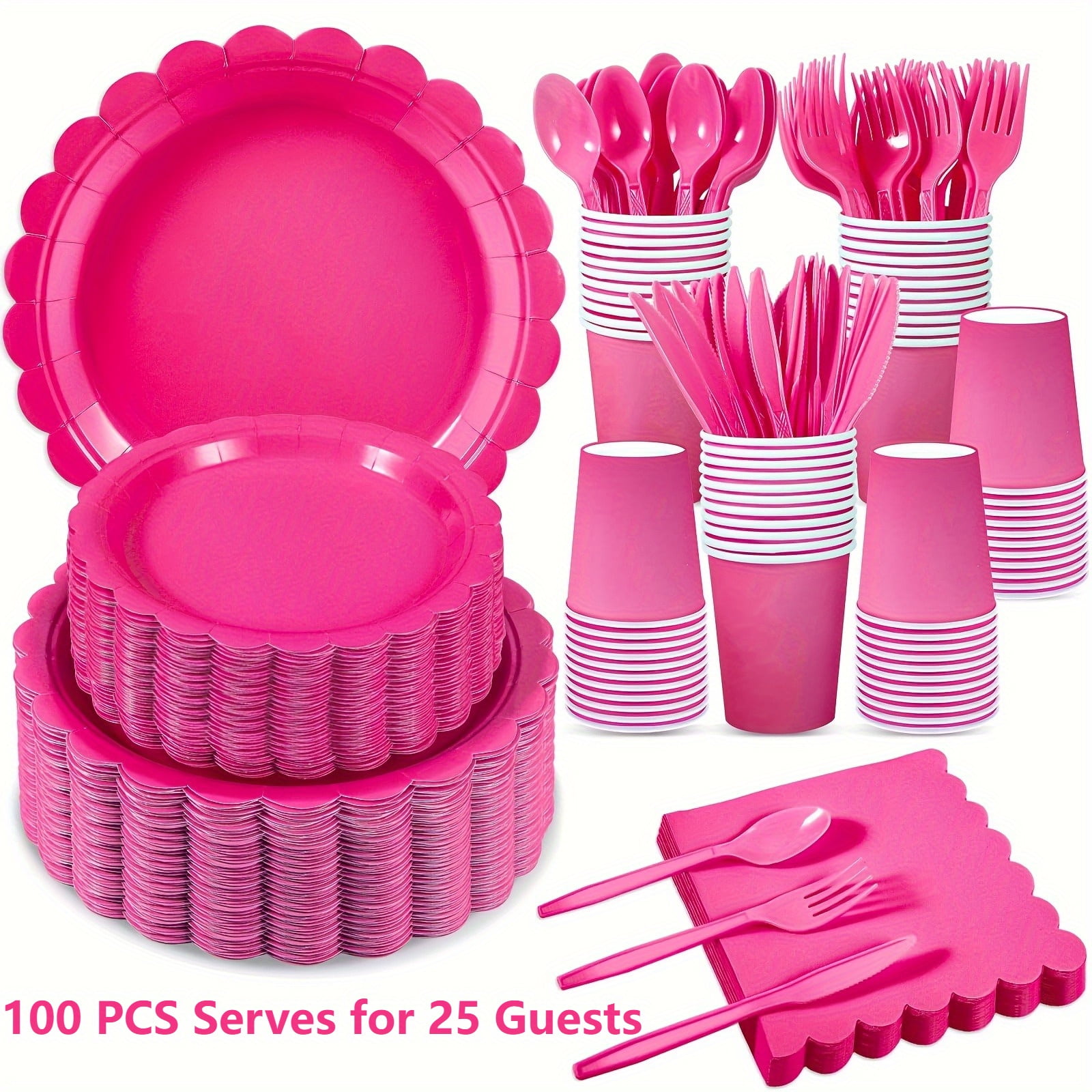 100pcs Rose Red Party Tableware Set for 25 Guests, Oil-proof and Leak-proof, Ideal for Birthday Parties, Gatherings and Picnics, Unique and Beautiful Pink Paper Plates and Hot Pink Party Decorations
