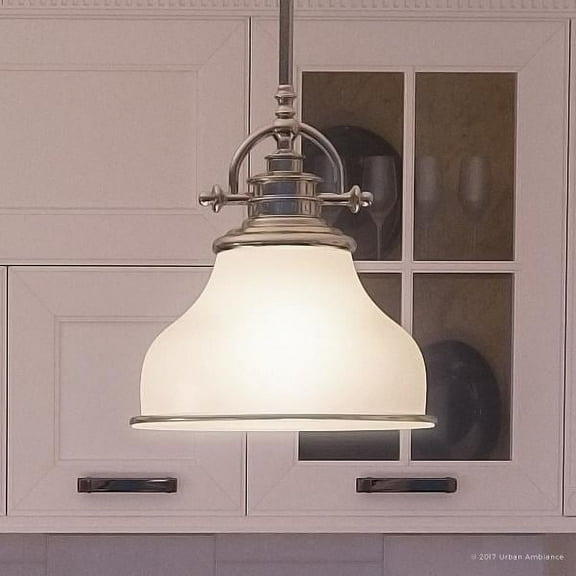 Urban Ambiance Luxury Industrial Hanging Pendant Light, Small Size: 9.5"H x 8"W, with Americana Style Elements, Nostalgic Design, Pretty Brushed Nickel Finish and Opal Etched Glass, UQL2336