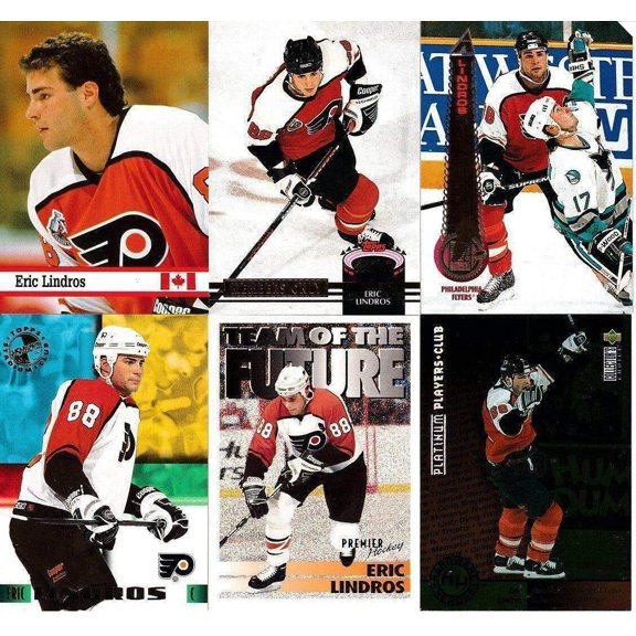 Collectible Eric Lindros Philadelphia Flyers Lot of 6 Different Cards, 1993 Fax Pax, Stadium Club Members Only, 1994-95 Pinnacle Promo