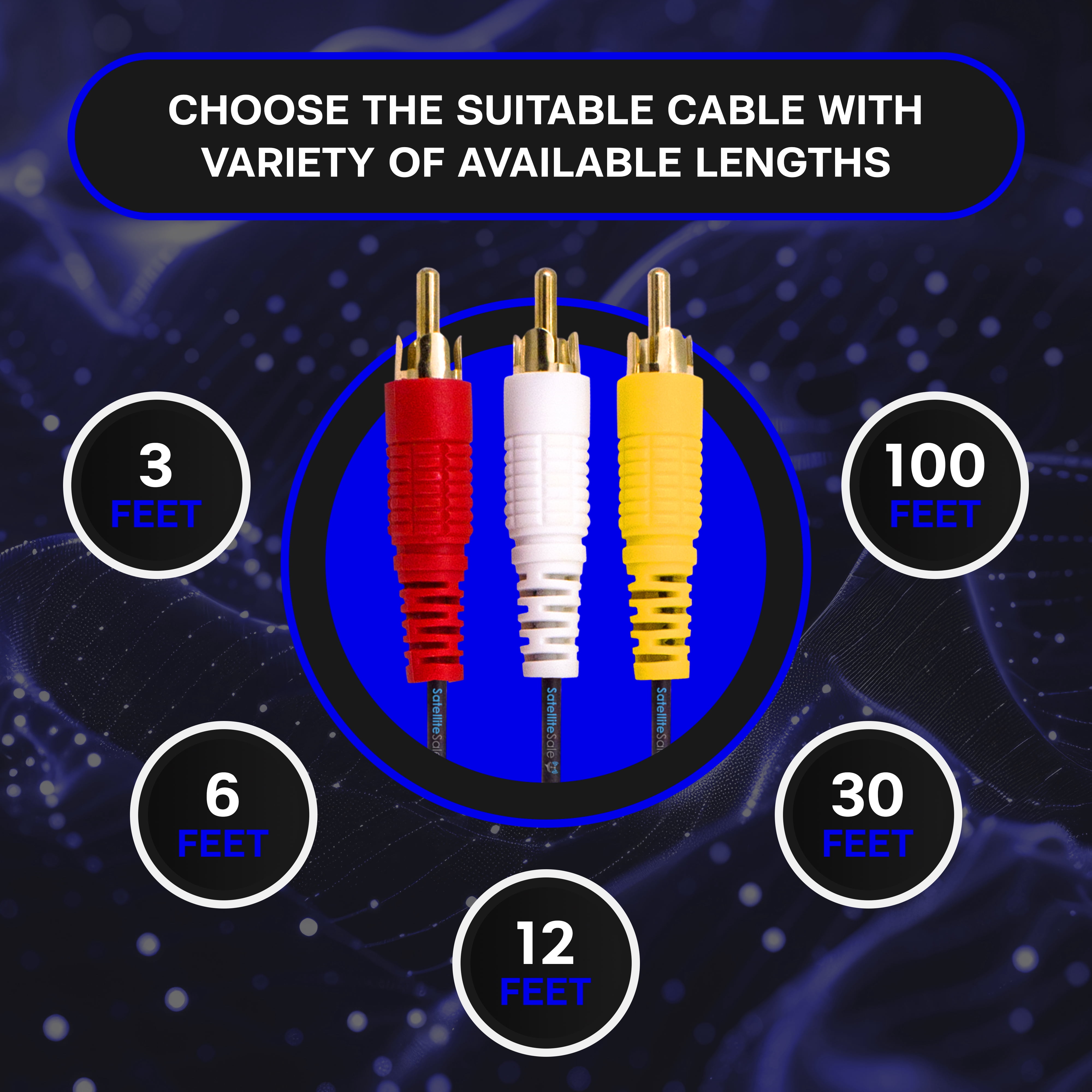 SatelliteSale 3 Male to 3 Male RCA Audio Video AV Composite Cable Universal Wire PVC for TVs, Speaker, Retro Gaming Consoles, Black Cord 100 feet