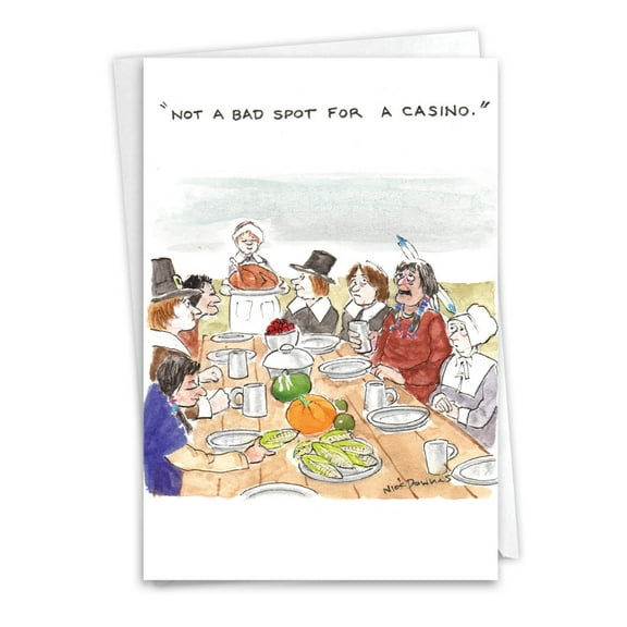 NobleWorks Funny Thanksgiving Greeting Card with 5 x 7 Inch Envelope (1 Card) Pilgrim Casino 1222