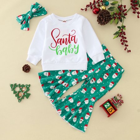 

FZM Christmas Toddler Girls Christmas Long Sleeve Letter Cartoon Santa Prints T Shirt Tops Bell Bottoms Flare Pants Headbands Outfits