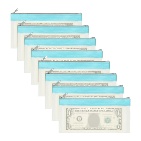 8.5x4 Inch Money Bags with Zipper, 8Pcs Clear Cash Deposit Bank Pouch Envelopes Check Wallet for Coin Cosmetics Invioce Bill, Blue