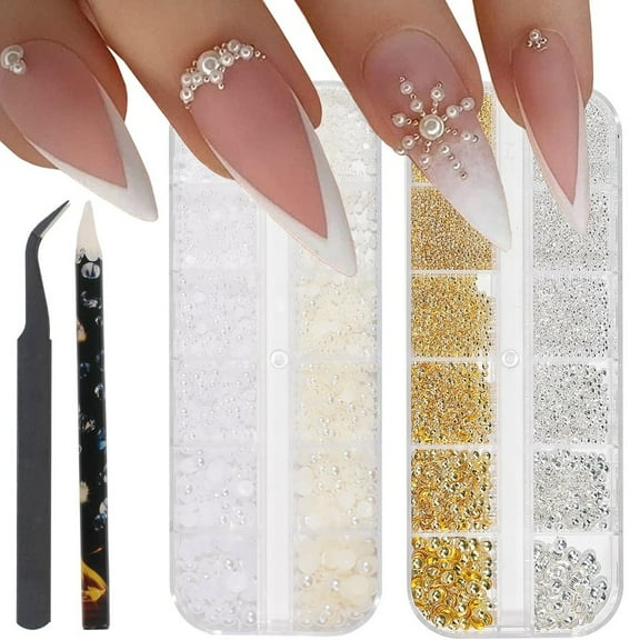 Mixed Nail Charms Kit - 6 Sizes 3D Metal Pearls, Sparkling Rhinestones with Tools for Women Girls Wedding Party Nail Design