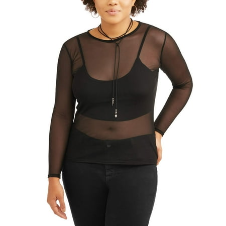 Juniors' Plus Long Sleeve Sheer Mesh Top With Bralette