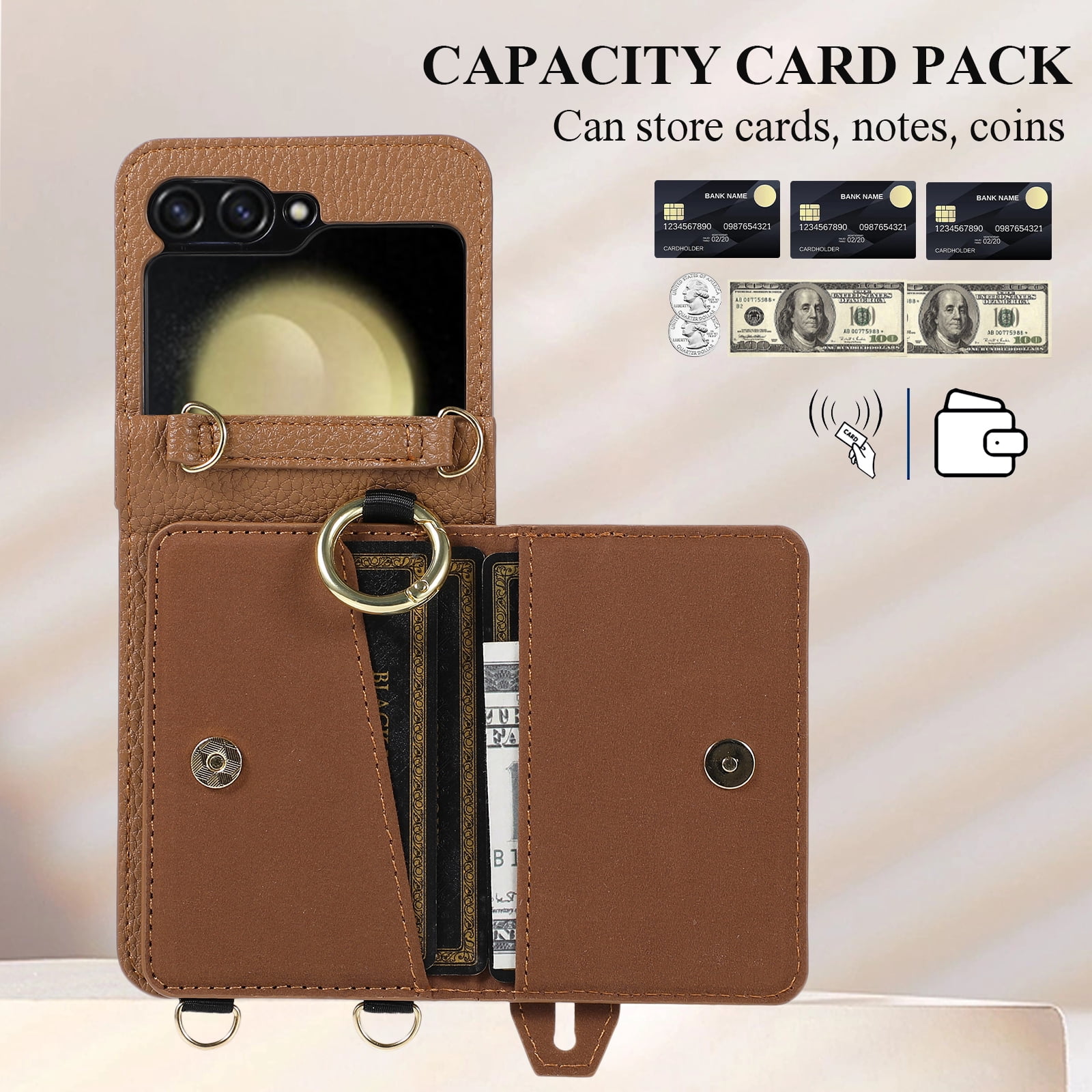 Dteck for Samsung Galaxy Z Flip 6 Wallet Case with Card Holder, Crossbody Wallet Case for Galaxy Z Flip6 5G with Hand Strap and Hinge Protection, Carrying Handbag Phone Case for Women Girls,Brown