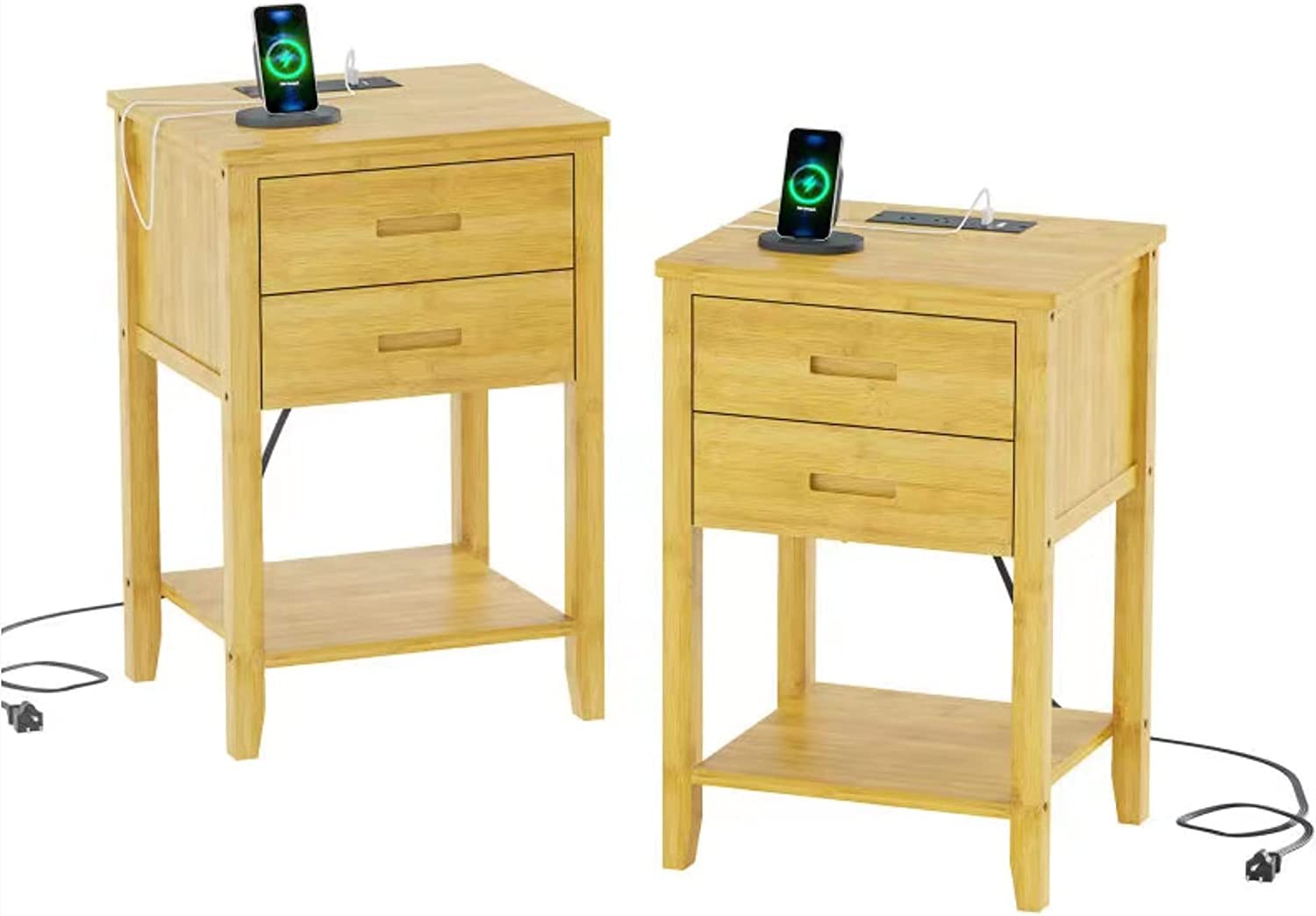 AMUZER Set of 2 Bamboo Nightstand with Charging Station & USB Ports